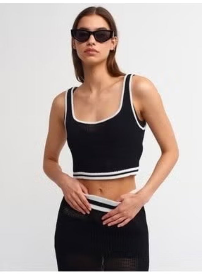 Dilvin 10407 Square Neck Knitwear Crop-Black-Ecru - Image 1